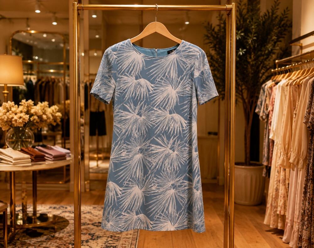 Lulus Blue White Palm Print Shift Dress Small Short Sleeve Tropical Resort Mini